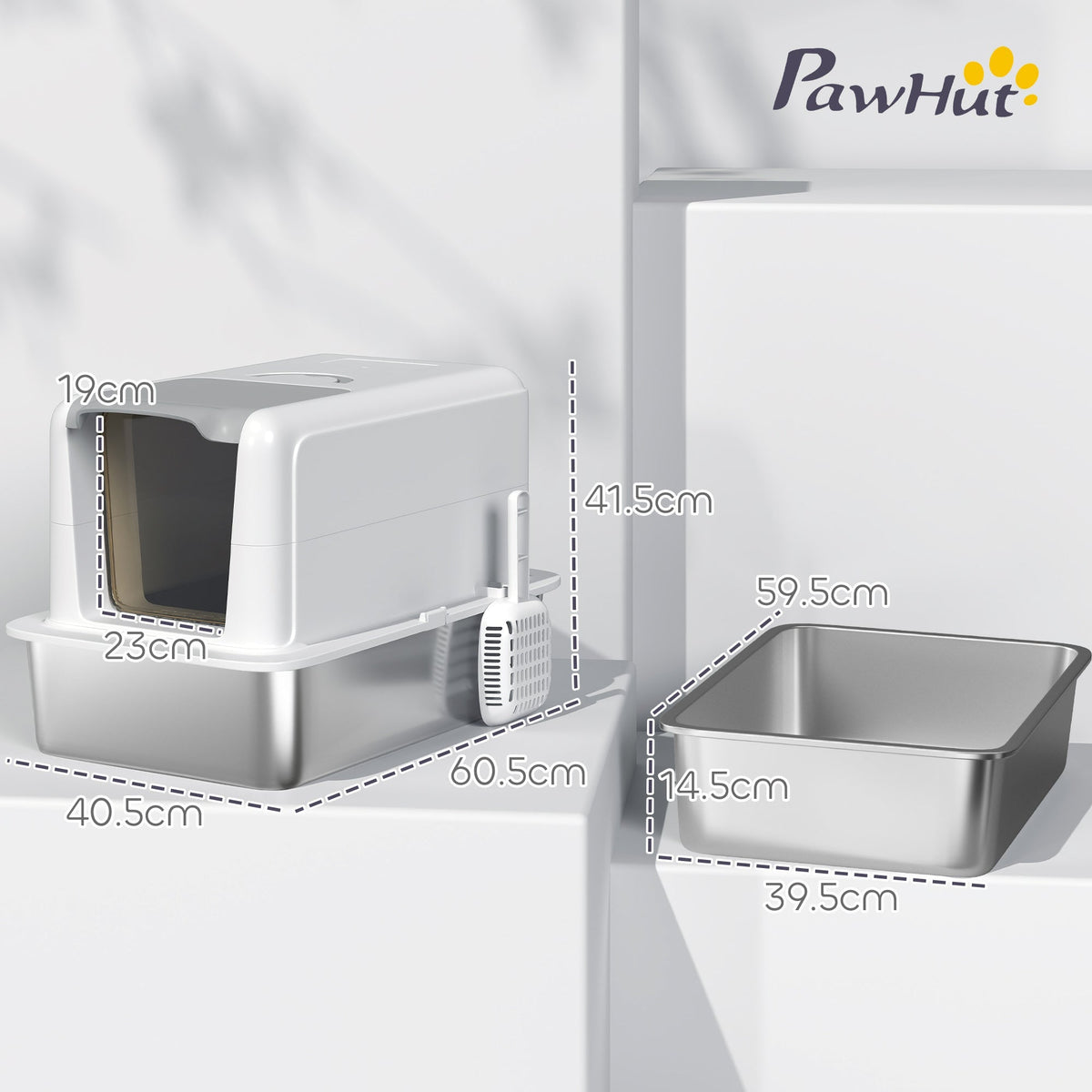 Cat Litter Box with Lid, Built-in Filter, Stainless Steel, White