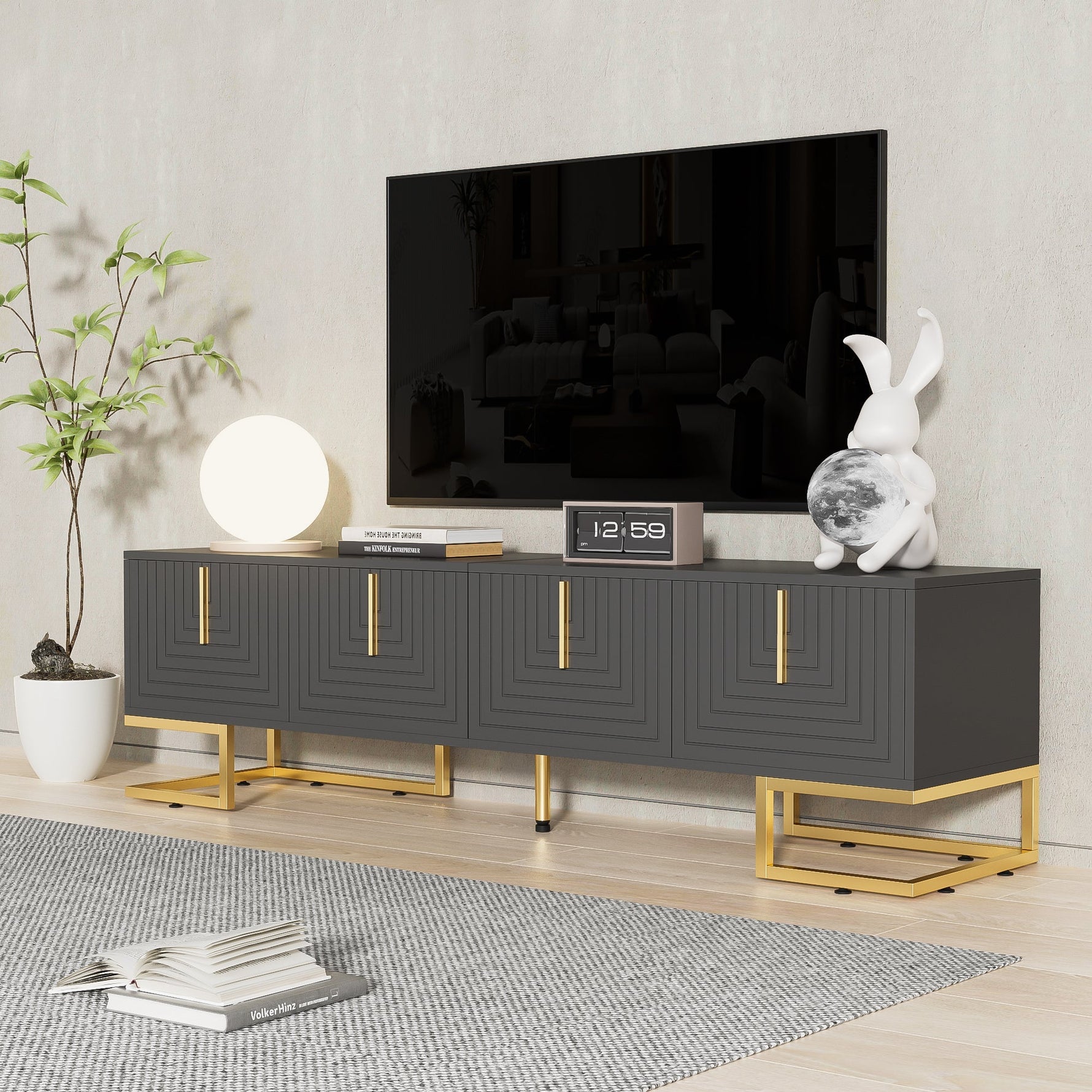 TV Lowboard Textured Door Gold Handles Gold Feet