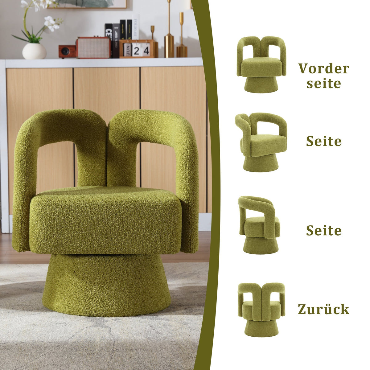 Snuggle Barrel Accent Chair, 360 Degree Rotating Round Armchair with Wide Cushions, Fluffy Fabric, Olive