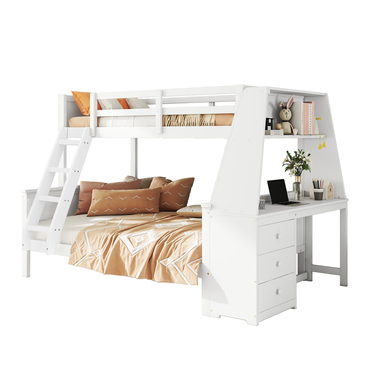 Bunk Bed with Table & Storage, 90x200/140x200 cm, White