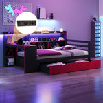 Multifunctional Wooden Sofa Bed with Desk, Bookshelf, Lighting and Sockets, 90x200cm, Black and Red Wood