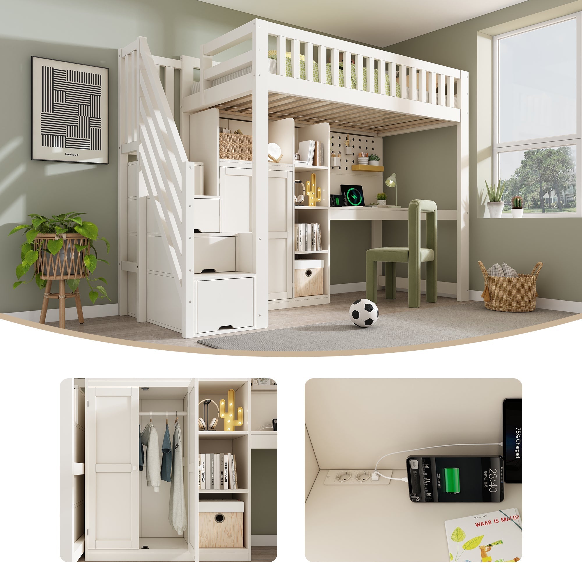 Children's Loft Bed with Desk, Wardrobe, Ladder Cabinet and USB Ports, 90x200cm, White Wood