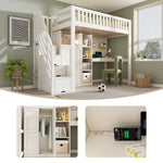 Children's Loft Bed with Desk, Wardrobe, Ladder Cabinet and USB Ports, 90x200cm, White Wood