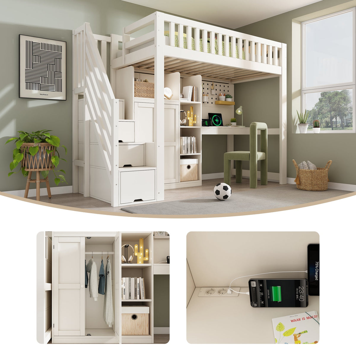 Children's Loft Bed with Desk, Wardrobe, Ladder Cabinet and USB Ports, 90x200cm, White Wood