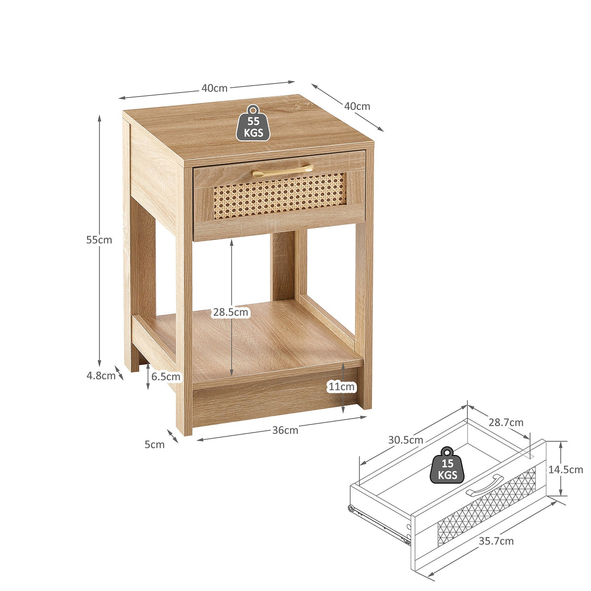 Rattan Side Table with Drawer H55xW40xD40cm Natural Wood Look