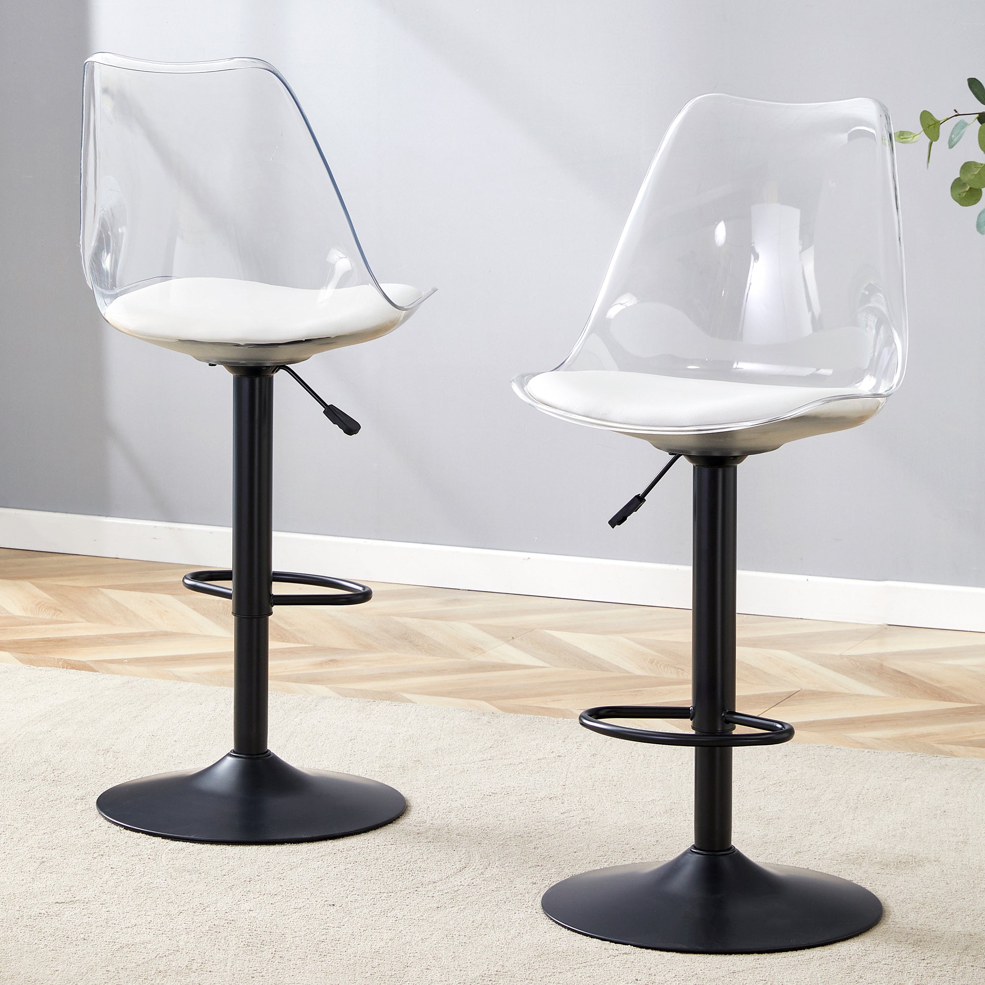 Bar Stool Set of 2 Adjustable Swivel PU Leather Transparent Back - Black Metal/PU
