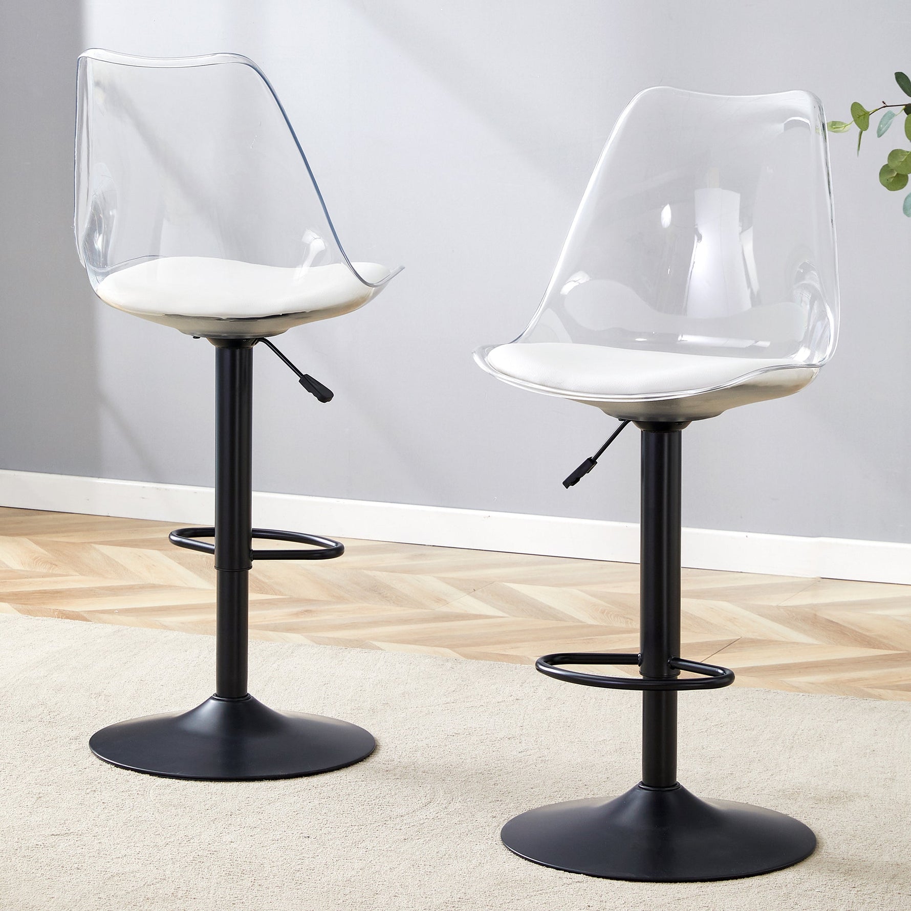 Bar Stool Set of 2 Adjustable Swivel PU Leather Transparent Back - Black Metal/PU