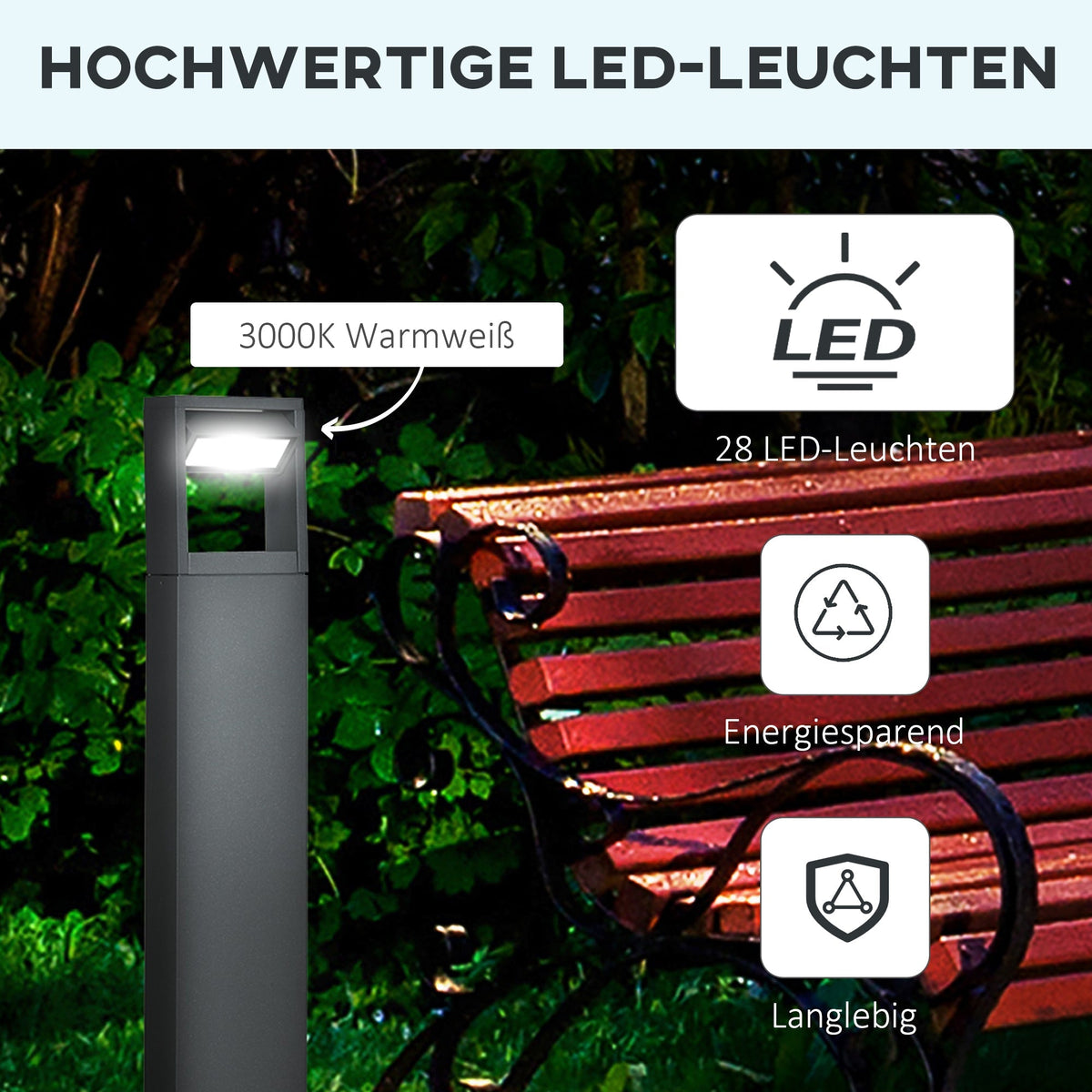 Garden Lamp, Warm White LED Bollard Path Light, IP65 Waterproof, Dark Gray Aluminum