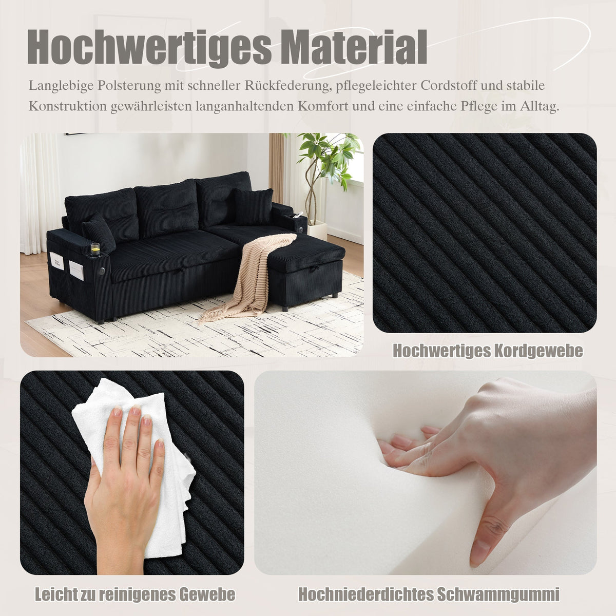 3-Seater Corduroy Sofa Sleeper Hydraulic Chaise Storage Cup Holders USB-C Corduroy