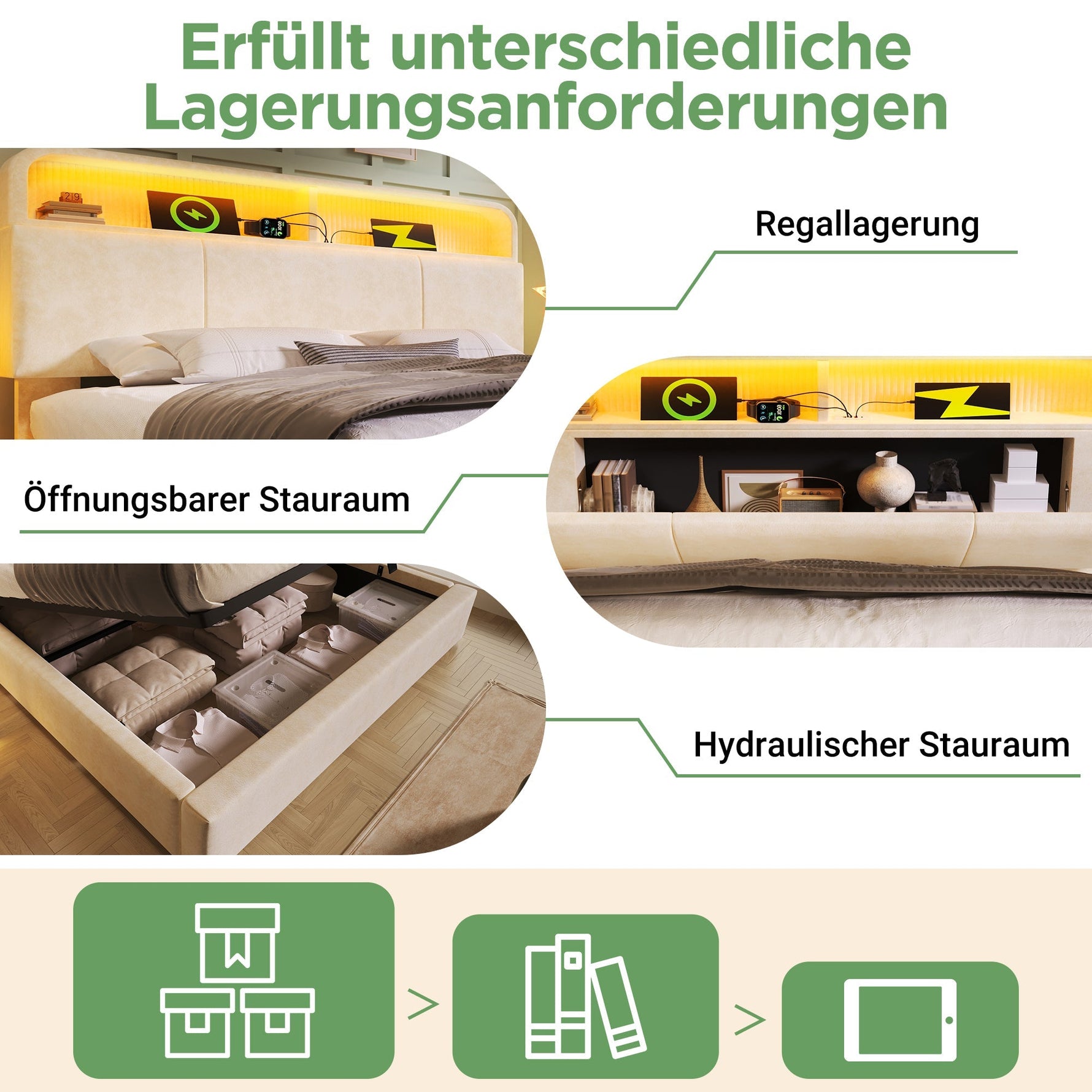 Upholstered Double Bed with Storage Headboard, Hydraulic Lift, LED and USB Charging, 180x200cm, Beige Velvet