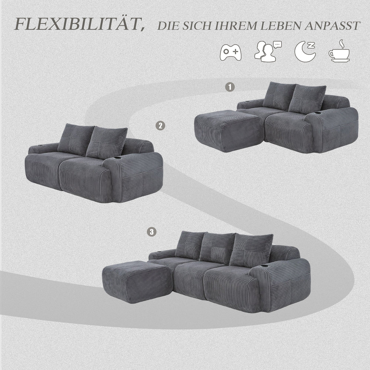 3-Seater Modular Corduroy Sofa with Ottomans, Cup Holders and Storage, Dark Grey