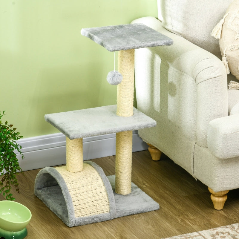 Cat Tree 72cm with Plush Balls, Sisal Posts, Platform, Scratching Board, Light Grey
