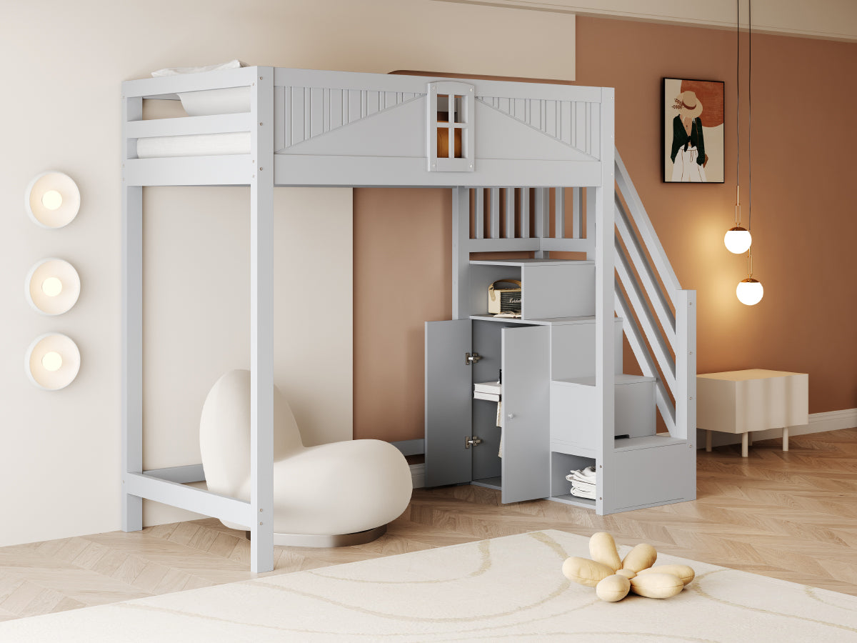 Solid Wood Loft Bed with Safety Door and Storage Ladder, 90 x 200 cm, Grey