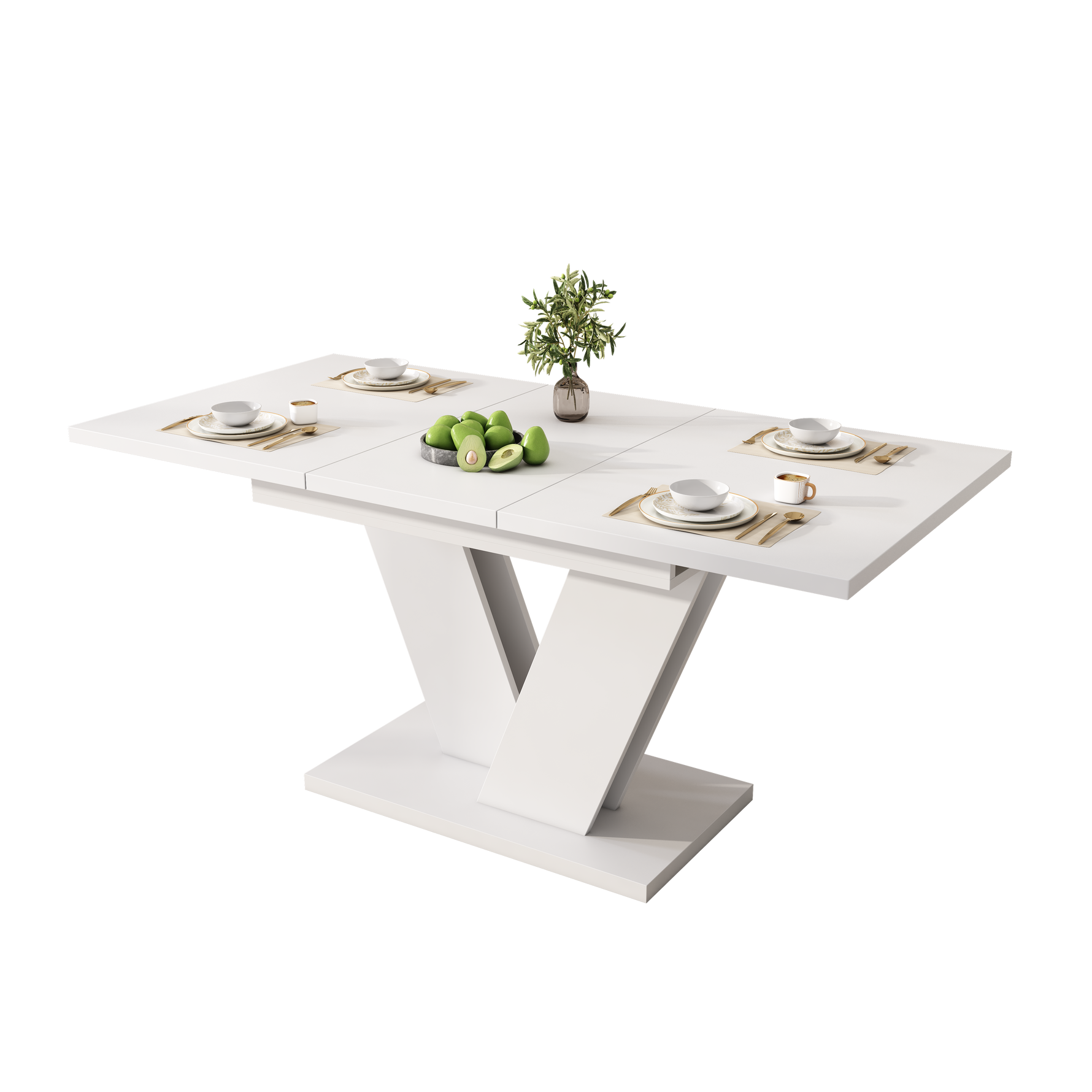 Extendable Dining Table, Rectangular V-Leg for 4-6 People, White