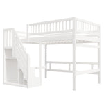 Solid Wood Bed, 140x200 with Stairs & Storage, High Railing, White