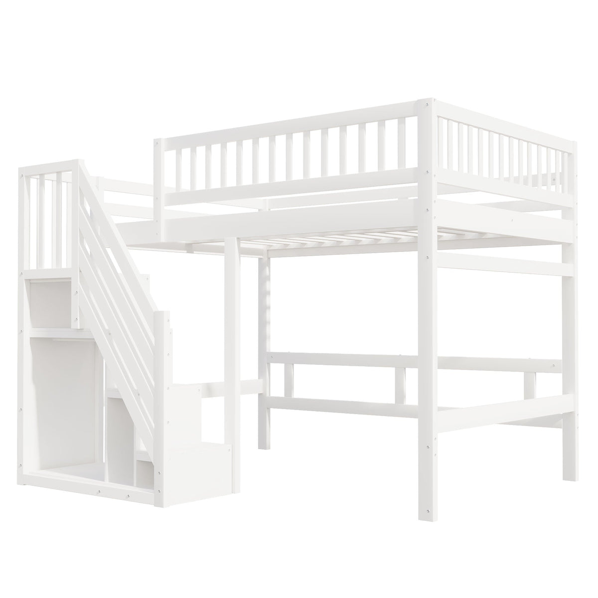 Solid Wood Bed, 140x200 with Stairs & Storage, High Railing, White
