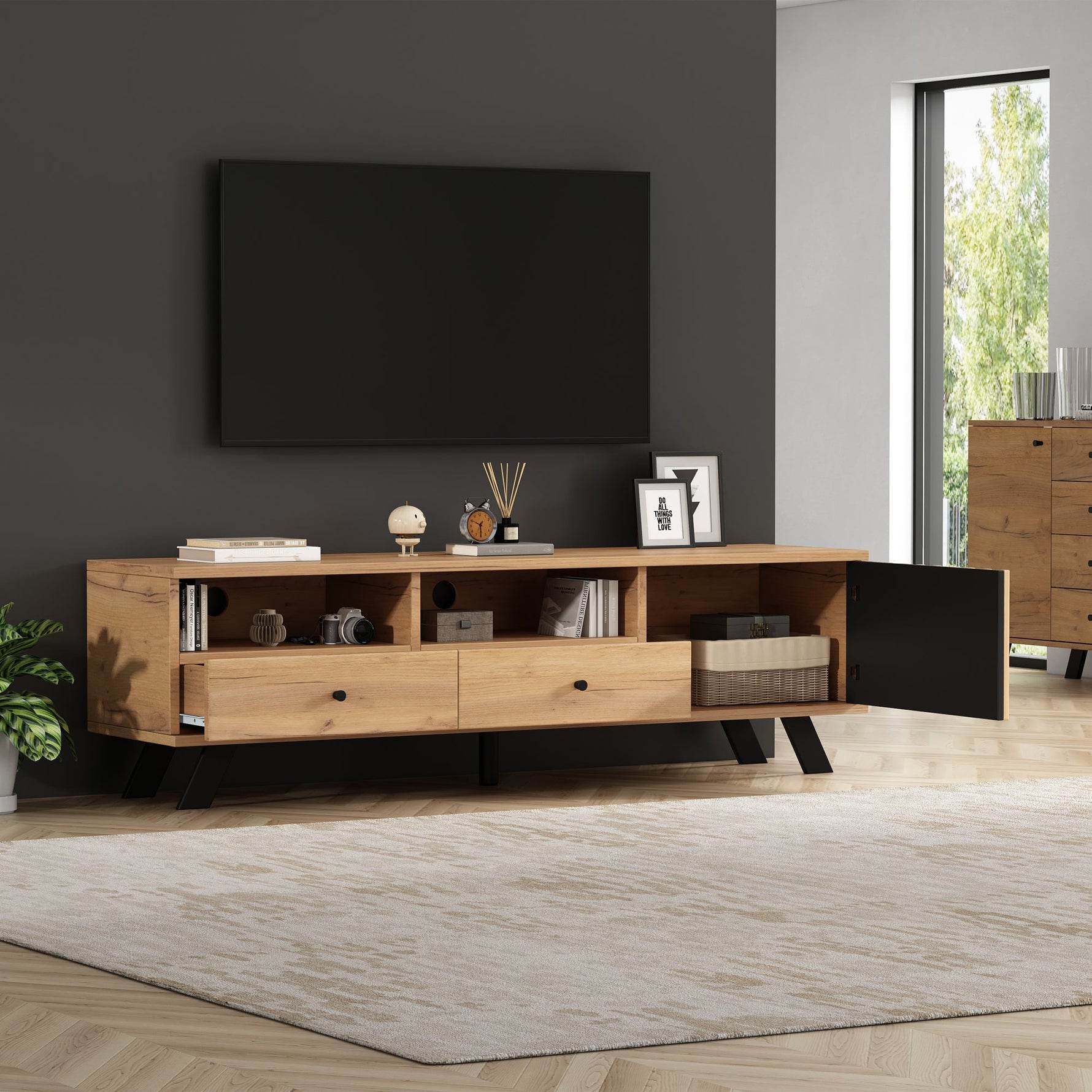 TV Cabinet 150cm with 2 Drawers, Lowboard for 60-inch TV, Wood Color