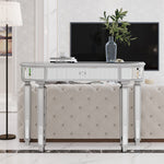 Half-Moon Mirrored Console Table with Fluted Glass and Crystal Knob Drawer, Grey and Silver