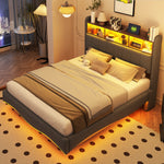 Upholstered Bed, 140*200, LED Light, USB/Type-C, Linen Fabric Gray