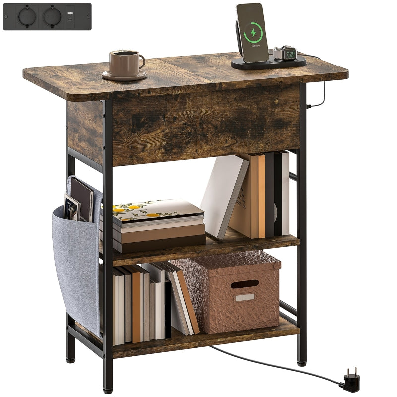 Side Table with Power Strip, 2 Levels, USB Ports, Rustic Brown
