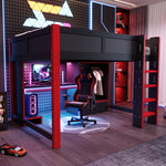 Gaming Loft Bed 140x200cm with Desk & LED, Black + Red