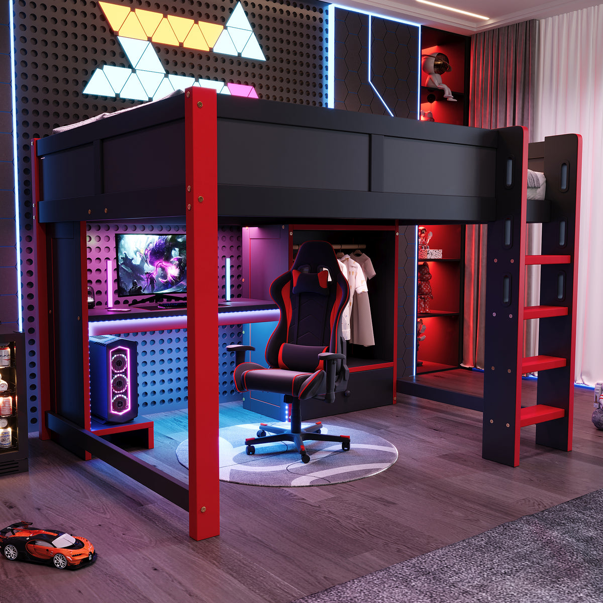 Gaming Loft Bed 140x200cm with Desk & LED, Black + Red