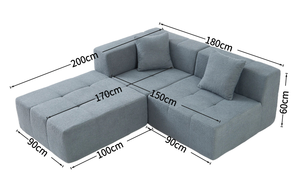Shaped Convertible Modular Couch 3-Seat Boneless No Assembly - Gray
