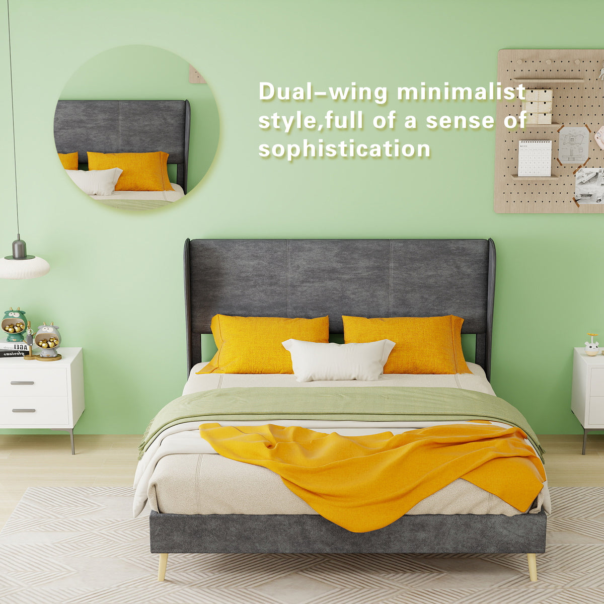 Modern Upholstered Bed with Mattress, 140x200 cm - Grey