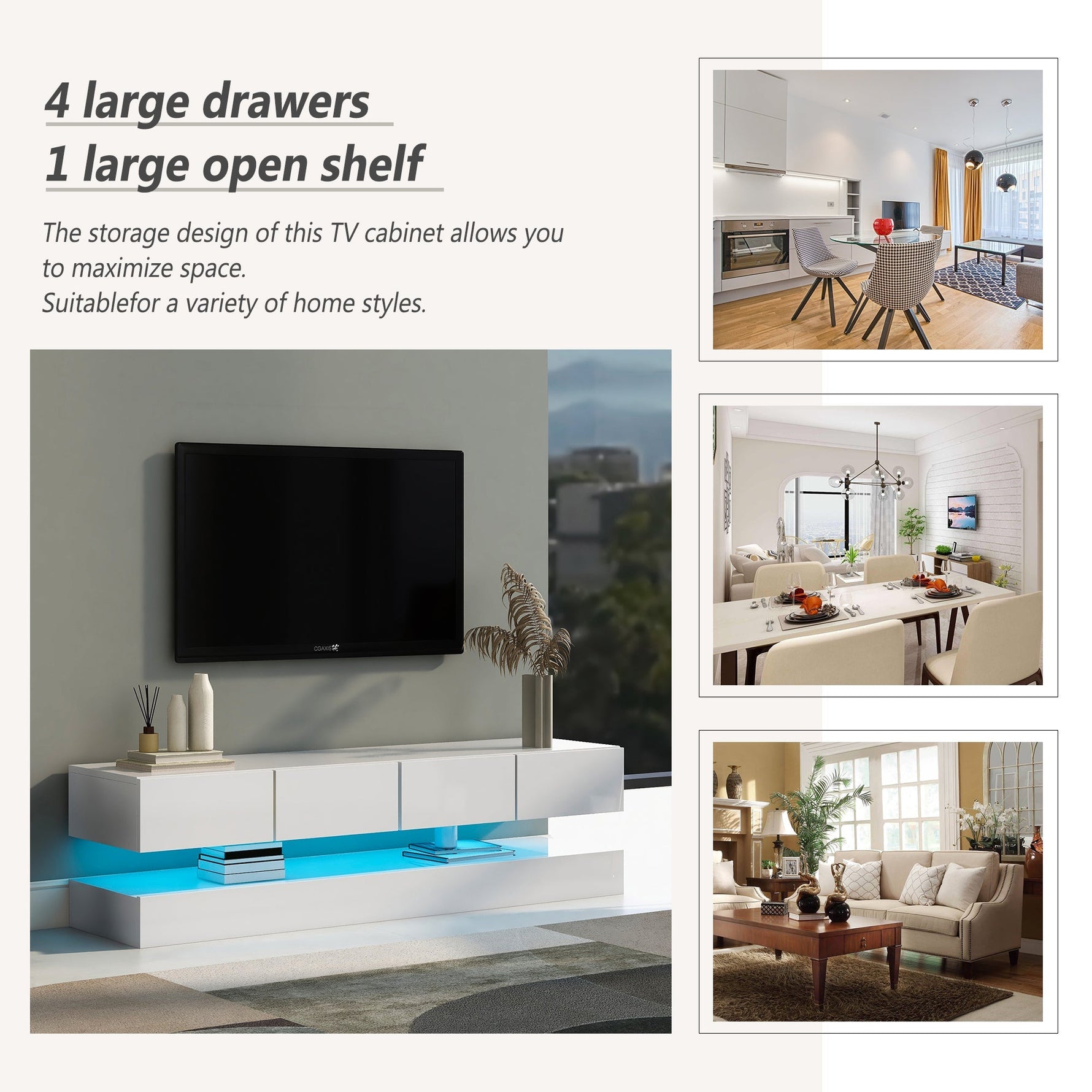 LED TV Lowboard with 2 Cabinets, 4 Drawers & 16-Color LED Lighting for up to 55-Inch TVs, White