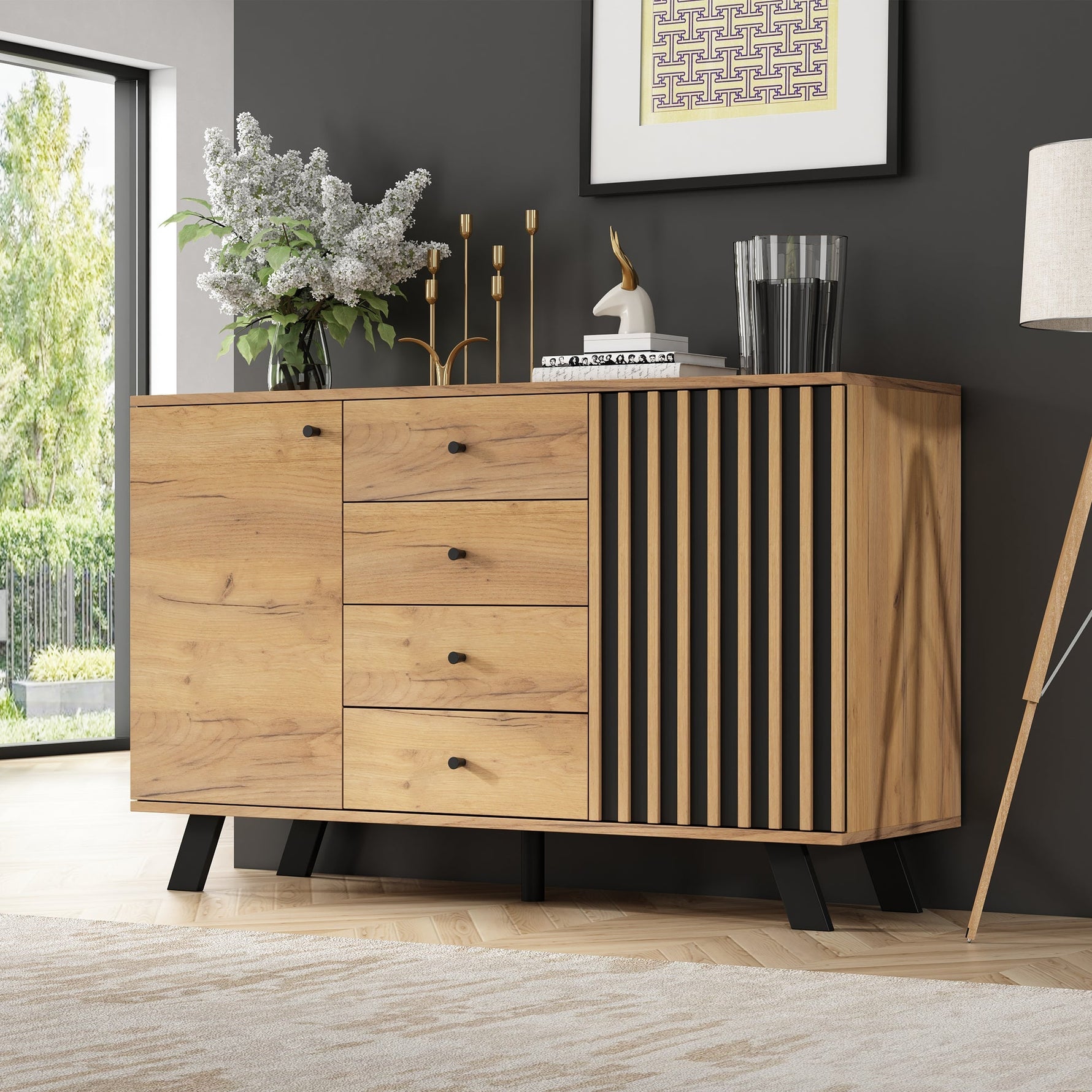 Sideboard Cabinet 120cm Hollow Design 4 Drawers 5 Solid Wood Legs, Wood Color