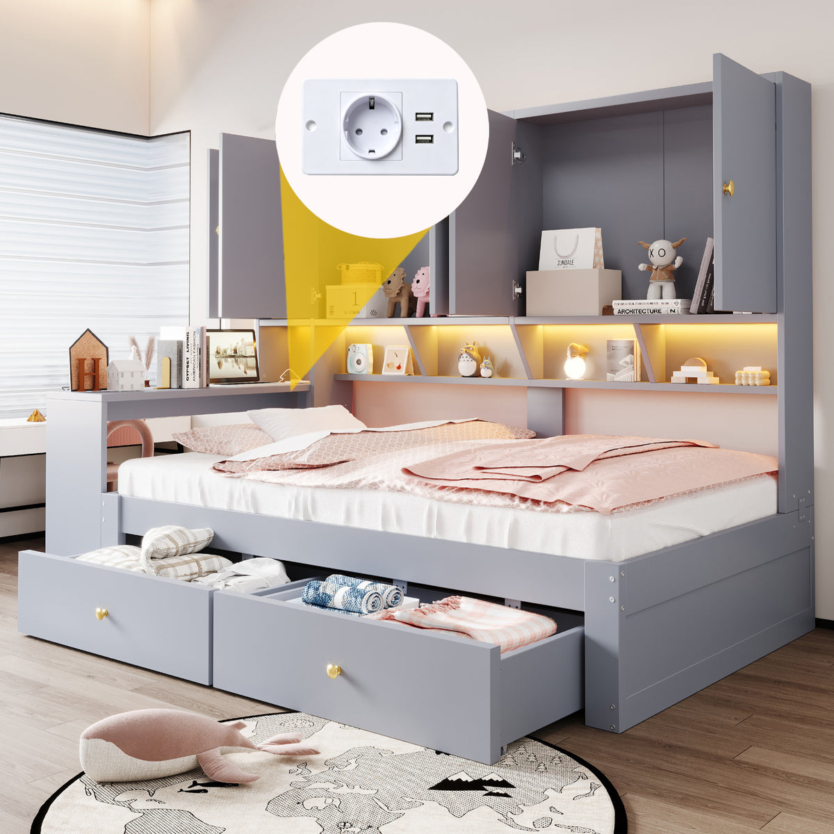 Multifunctional Bed 90x200cm with Desk, Storage & LED, Grey Wood