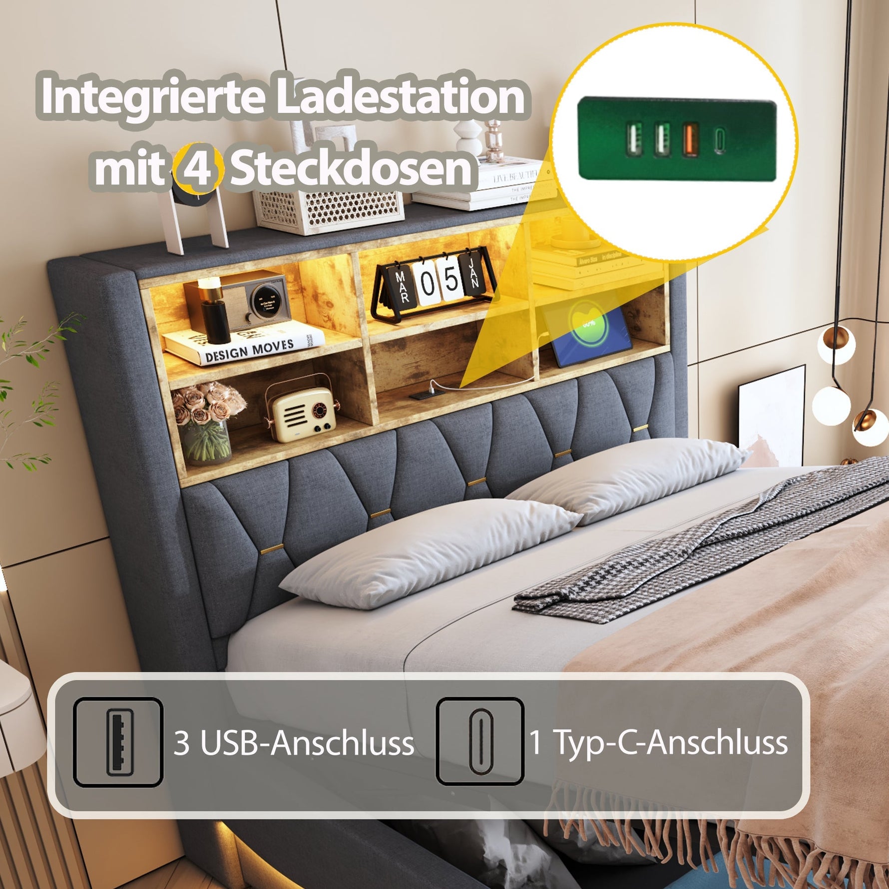 Upholstered Bed 140x200 Hydraulic Storage LED/USB Slatted Frame, Linen Grey