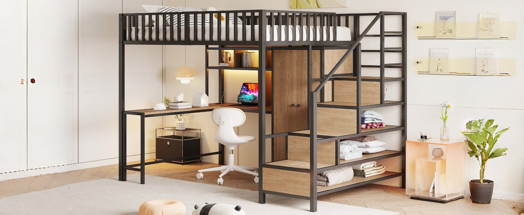 Metal Loft Bed 140x200cm Desk Wardrobe Drawers Storage Ladder LED Charging Black