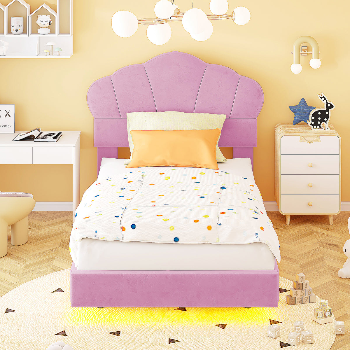 Upholstered Bed 90x200cm, Cloud Headboard & LED, Pink Velvet
