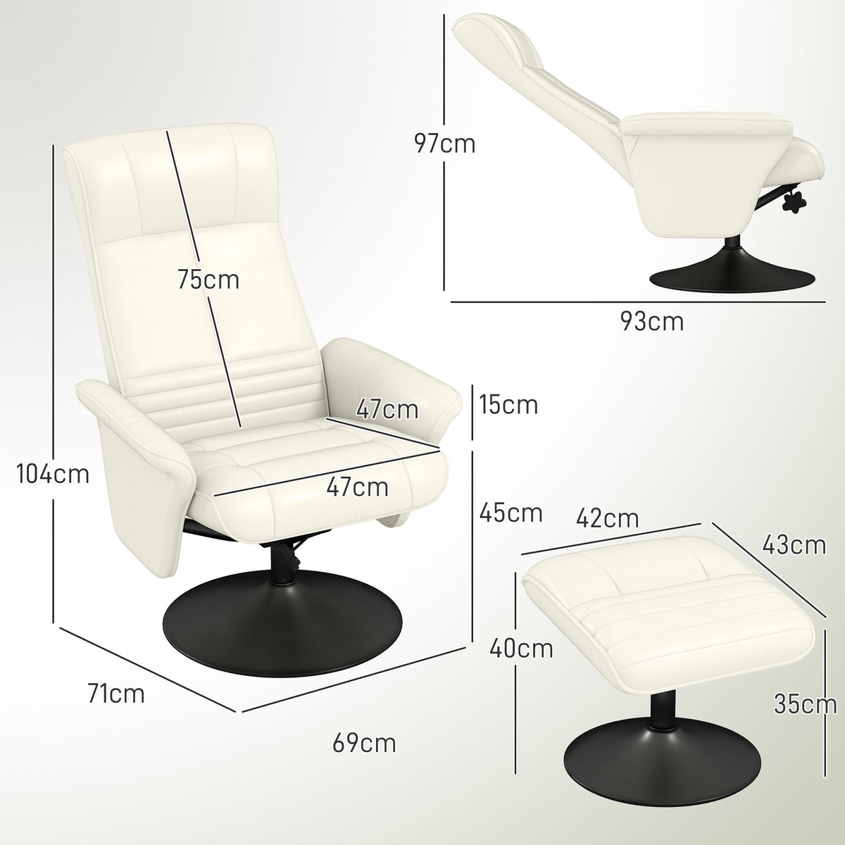 Reclining Armchair with Footstool, Swivel Lounge TV Chair, 150kg Capacity, Microfiber Fabric, Cream White