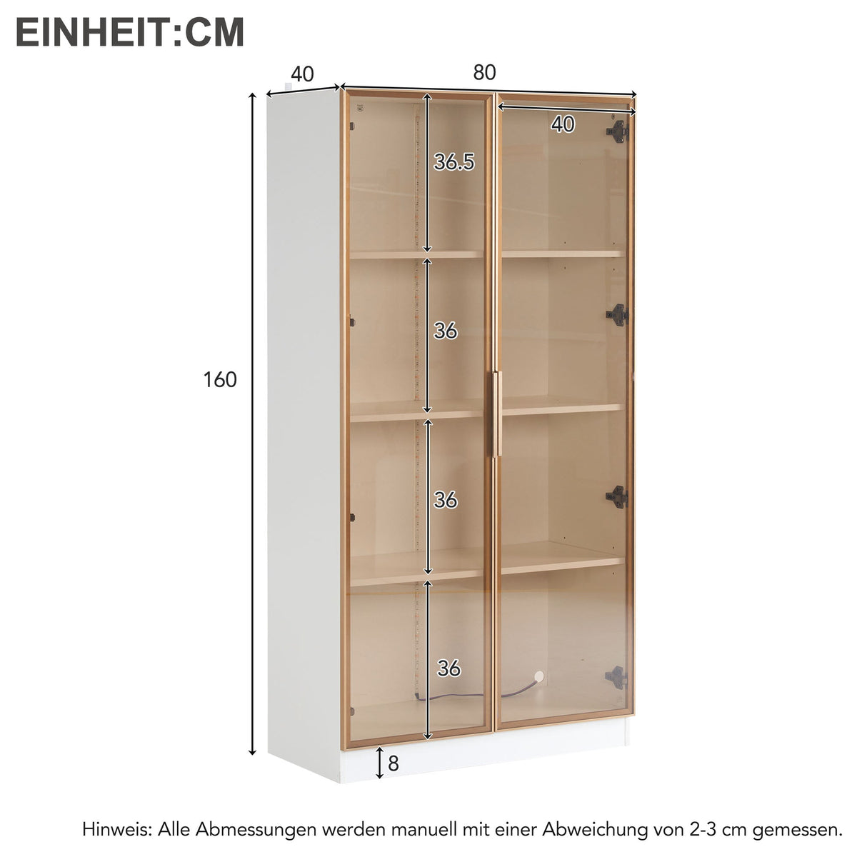 Glass Display Cabinet, Set of 2 with LED Lighting & Movable Shelves, White