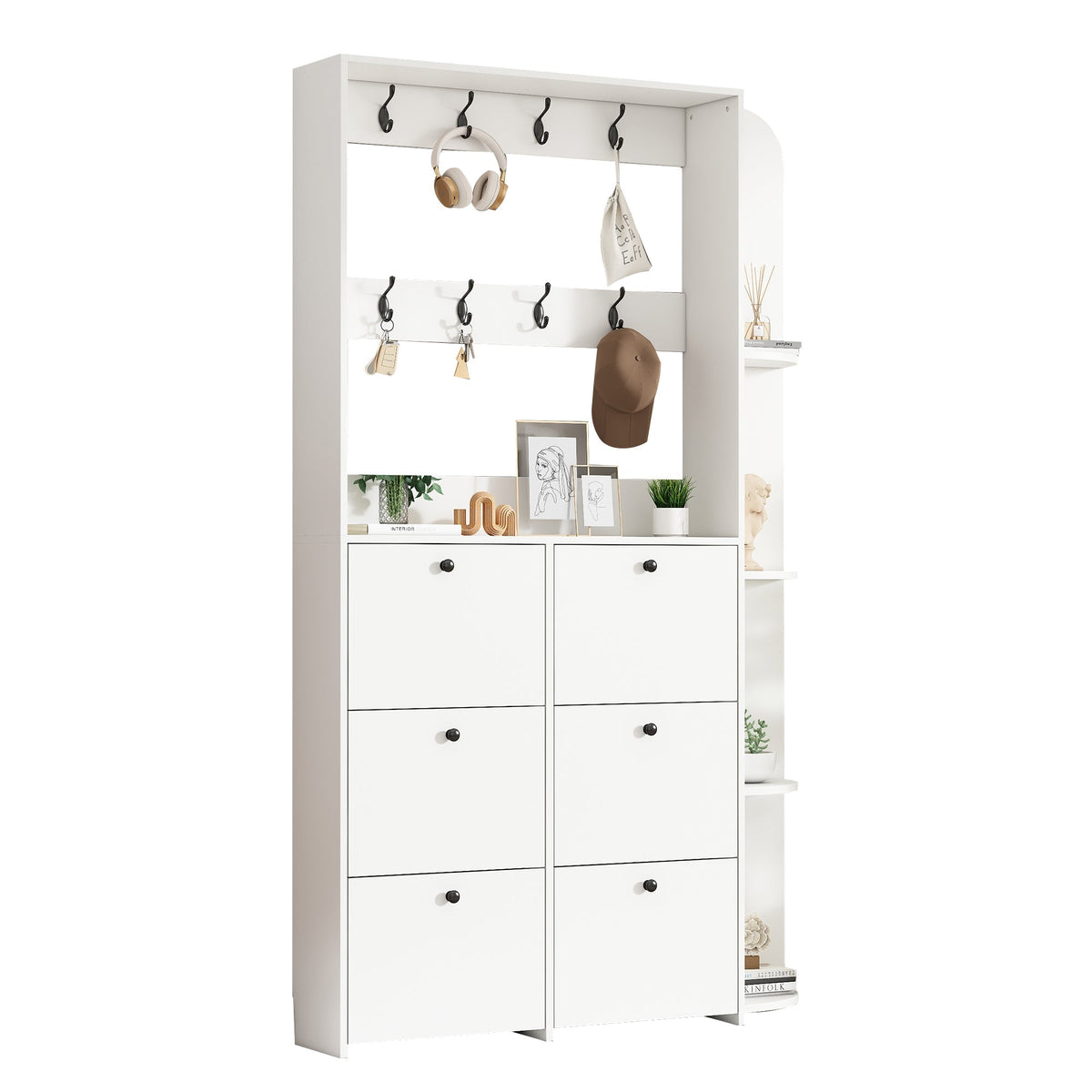 Hallway Cabinet 3-in-1 Shoe Cabinet 8 Hooks 5 Shelves - White
