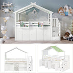 Bunk Bed, Safety Gate, Wardrobe, Lockers, Stairs, 90x200cm, White & Green Pine+MDF+Plywood