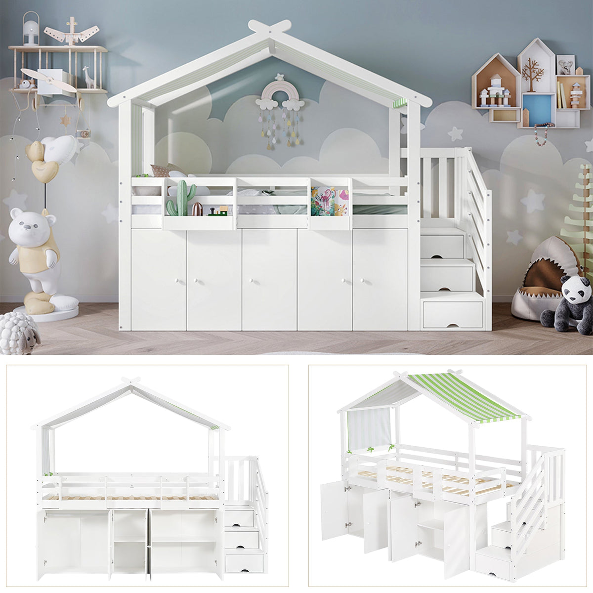 Bunk Bed, Safety Gate, Wardrobe, Lockers, Stairs, 90x200cm, White & Green Pine+MDF+Plywood