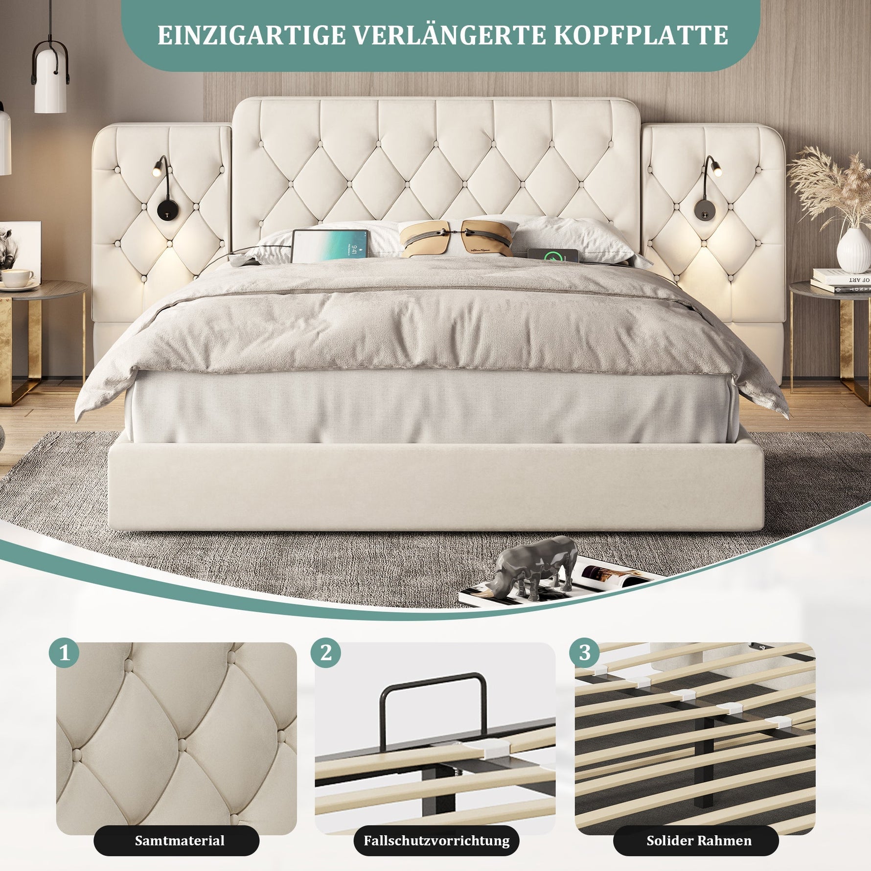 Bed Frame 160x200cm Hydraulic Storage Long Headboard USB Desk Lamp - Velvet Beige