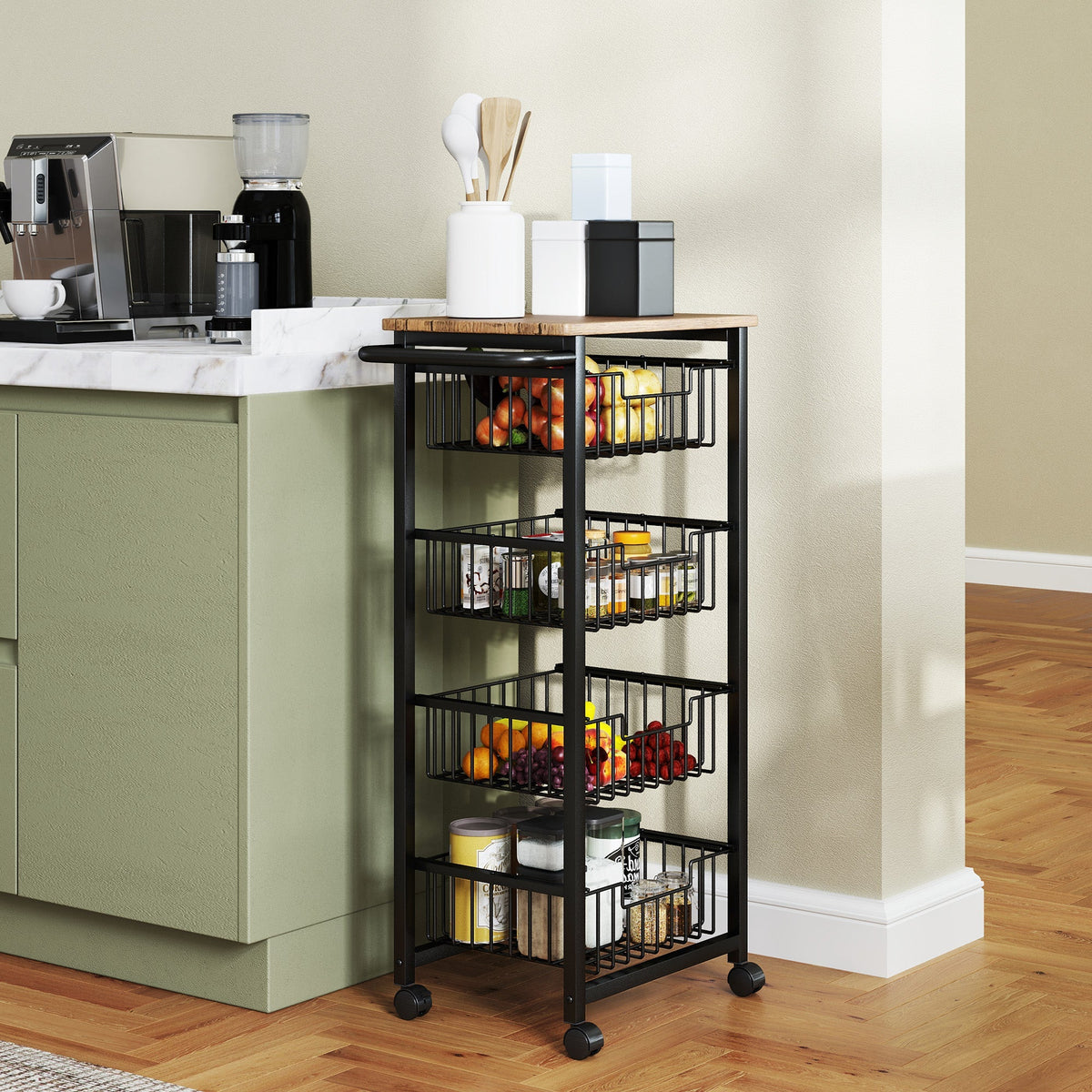 Kitchen Trolley Serving Cart with Worktop, 4 Extendable Baskets, Oak
