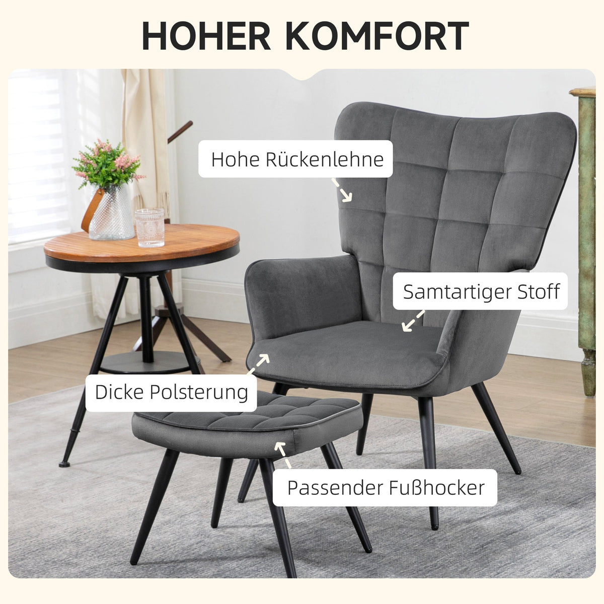 Wingback Chair with Stool, Upholstered Lounge Chair, Dark Grey Velvet