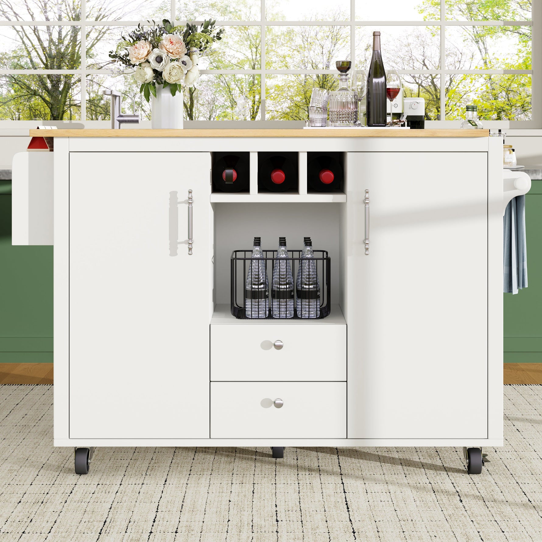 Kitchen Island Trolley with Fold-Down Worktop Storage & Adjustable Shelves - White/Black