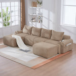 Modular Corduroy Sofa 4-Seater with 2 Ottomans Cup Holders Storage Pocket Khaki