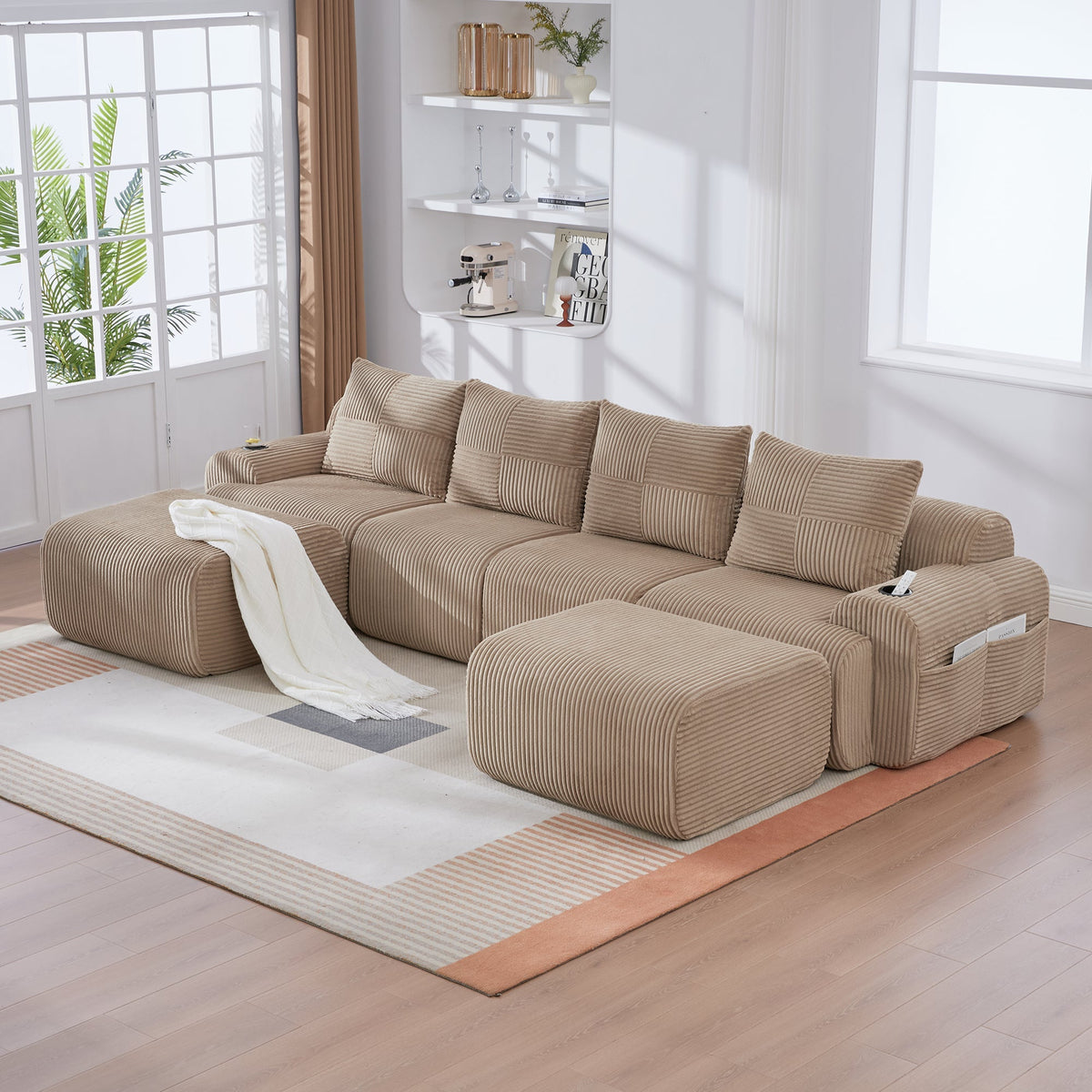 Modular Corduroy Sofa 4-Seater with 2 Ottomans Cup Holders Storage Pocket Khaki