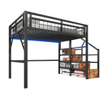 Loft Bed 140x200cm LED Storage Staircase - Black Iron Frame