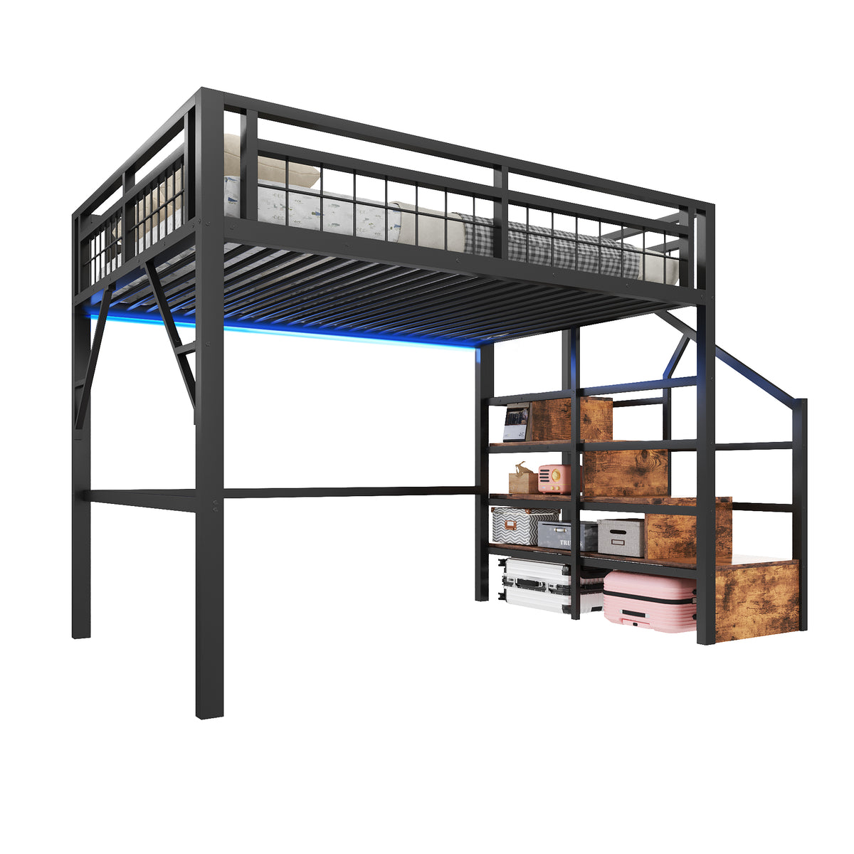 Loft Bed 140x200cm LED Storage Staircase - Black Iron Frame