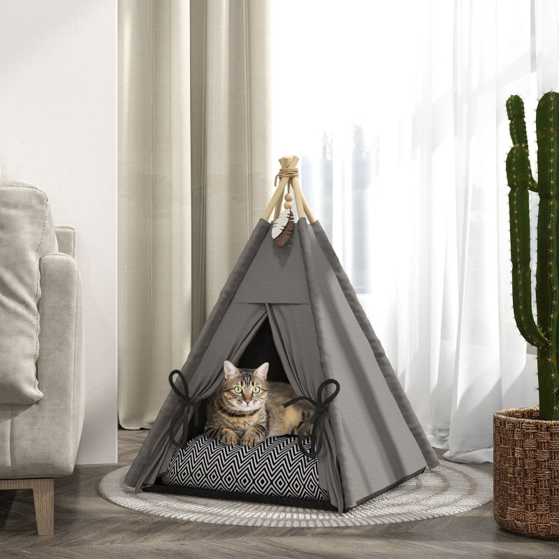 Pet Teepee Tent, Removable Washable Cushion Non-Slip, Grey