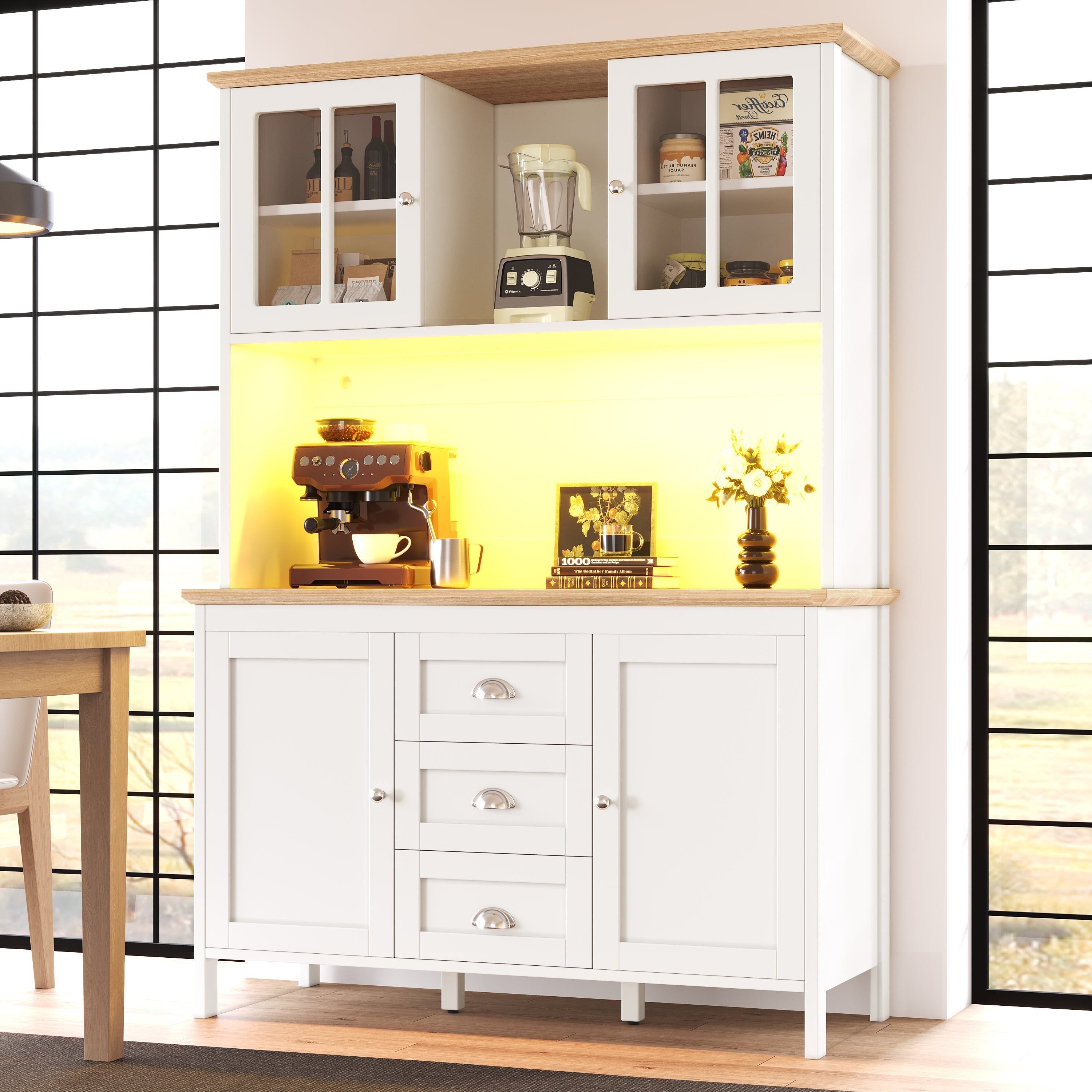 Tall Sideboard Cabinet with LED Lighting and 3 Drawers, White and Black