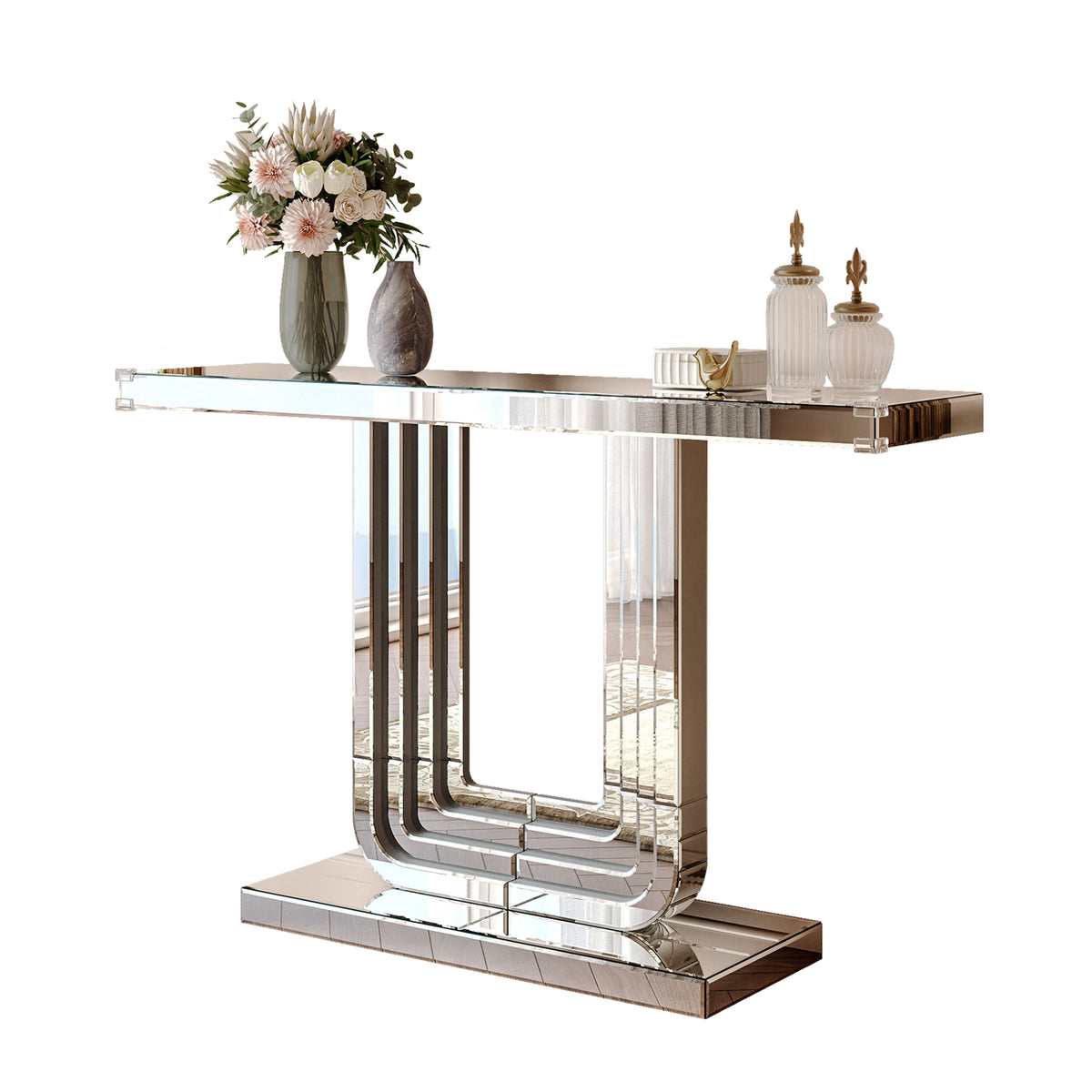 Mirrored Console Table 120cm Modern U-Shape - Silver